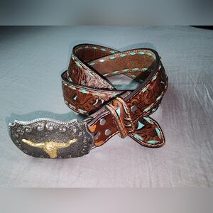 Nocona Sz. 32 Tooled Leather Belt with Turquoise Stitching and Longhorn Buckle